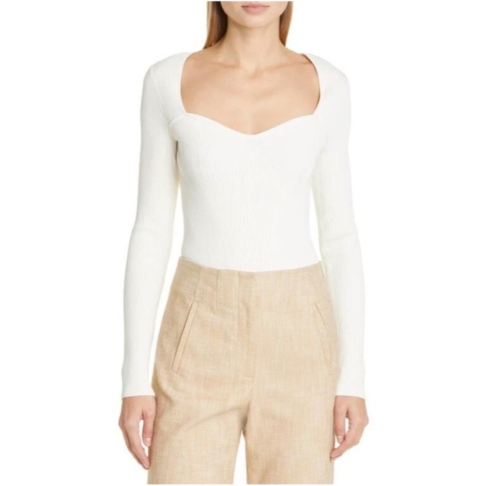 Veronica Beard Gladys Sweetheart Neck Rib Top Sweater Ivory White Size M
